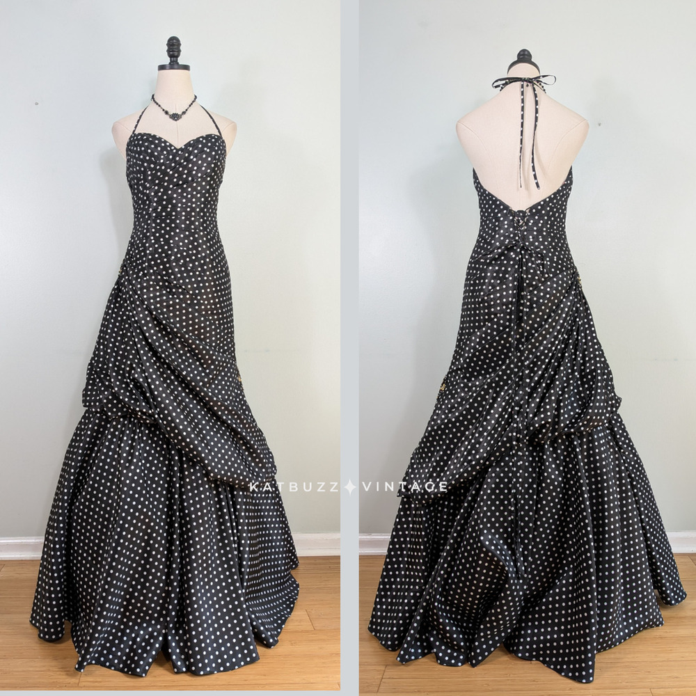 Vintage Flirt Prom Dress Maxi Gown Black 6 Polk Dot Corset Y2K Glam Retro Formal